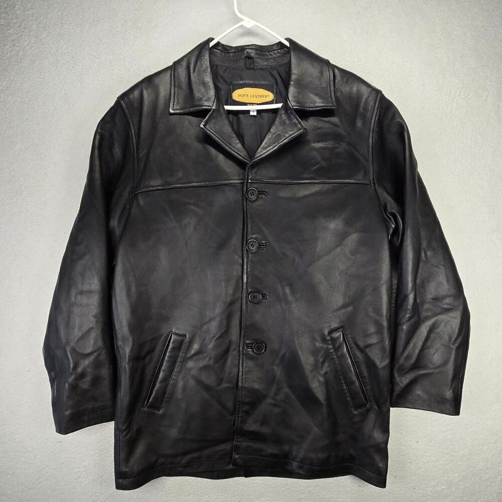 Pop's Leather Jacket Mens S Oversized Hip Length Car Coat Black Button 3/4